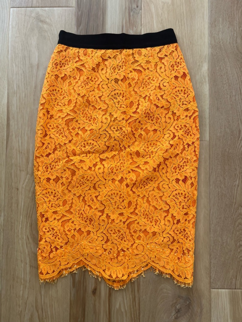 Marco Bologna Bright Orange Lace Pencil Skirt with Black Waistband Size 4
